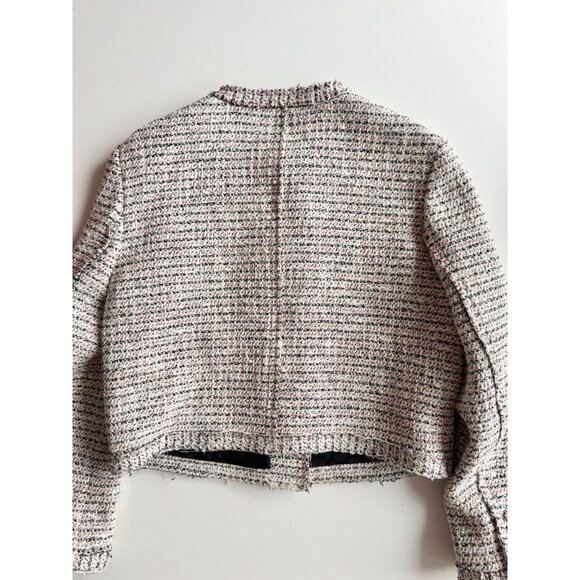 THEORY Preston Tweed Coral Multi Fringed Boxy Cropped Jacket, Size 6 - Picture 11 of 16